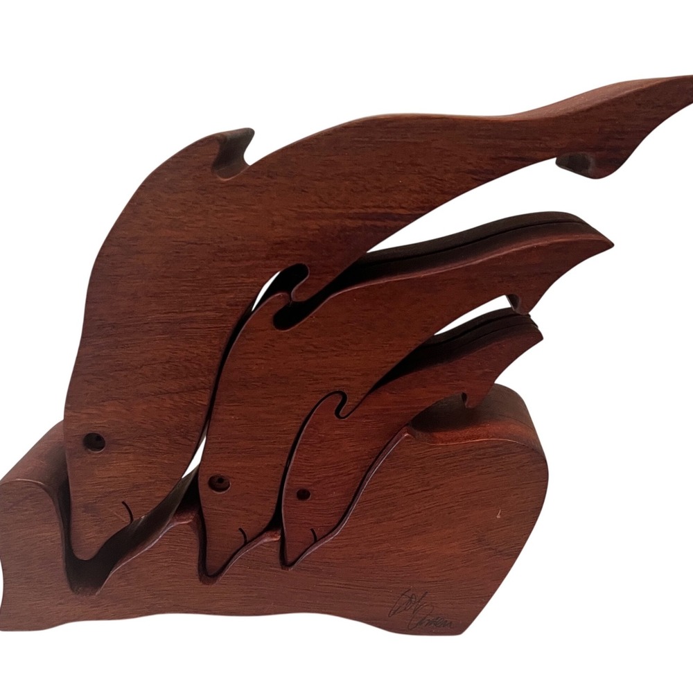 Bob Ameri‎ Handmade Signed Wooden Dolphin Puzzle Sculpture Trio Nautical Decor